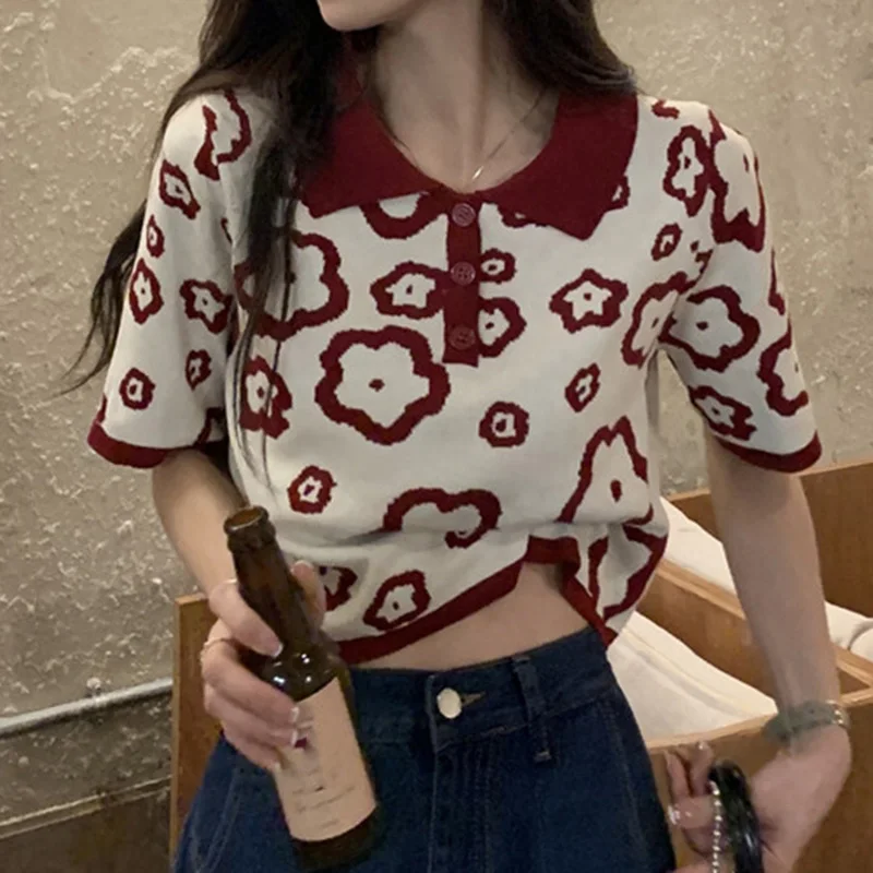 Sungtin элегантные милые цветочные Вязаные Короткие рубашки женские винтажные