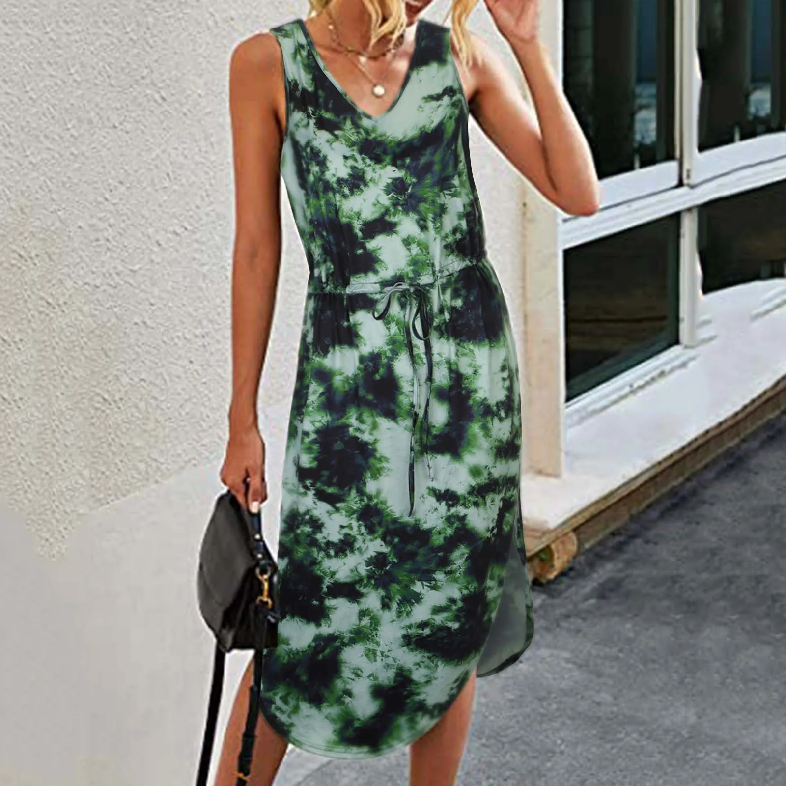 

Women's Casual Tie-Dye Print V-Neck Sleeveless Mid Dress Boho Side Slit Drawstring Waist Mid-Length Dresses Female Streetwear