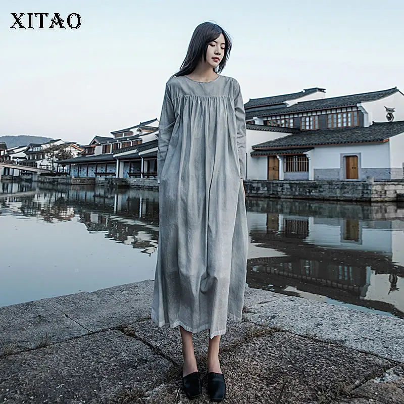 

XITAO New Women Dress Vintage Are Women Pleated Splicing Loose Fashion Casual Simplicity Fairy Dress 2021 Autumn New WMD4137