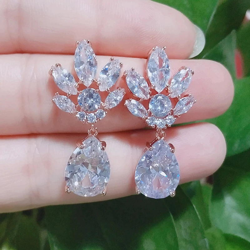 Rose Gold Color ZAKOL, модные серьги с кубическим цирконием и цветами в виде капель воды, свадебные украшения, висячие серьги для женщин, подарок на свадьбу, ужин, день рождения, FSEP2333 - Окраска металла: Rose Gold Color