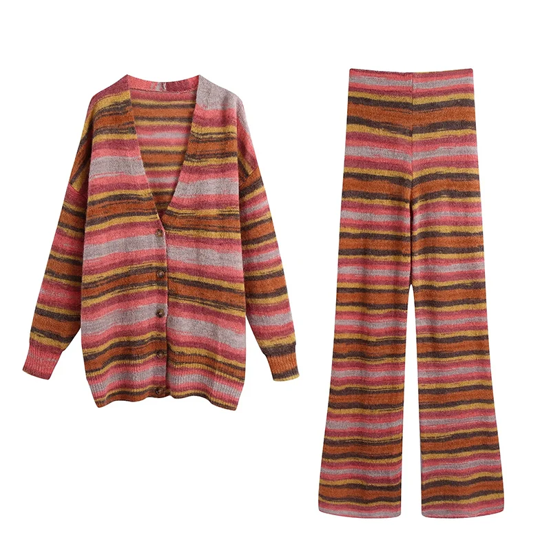 

UNIQYB ZA Trouser Suits Striped Long-sleeved Sweater Cardigan Vintage Knitted Suit High Waist Elastic Pants Set Woman 2 Pieces