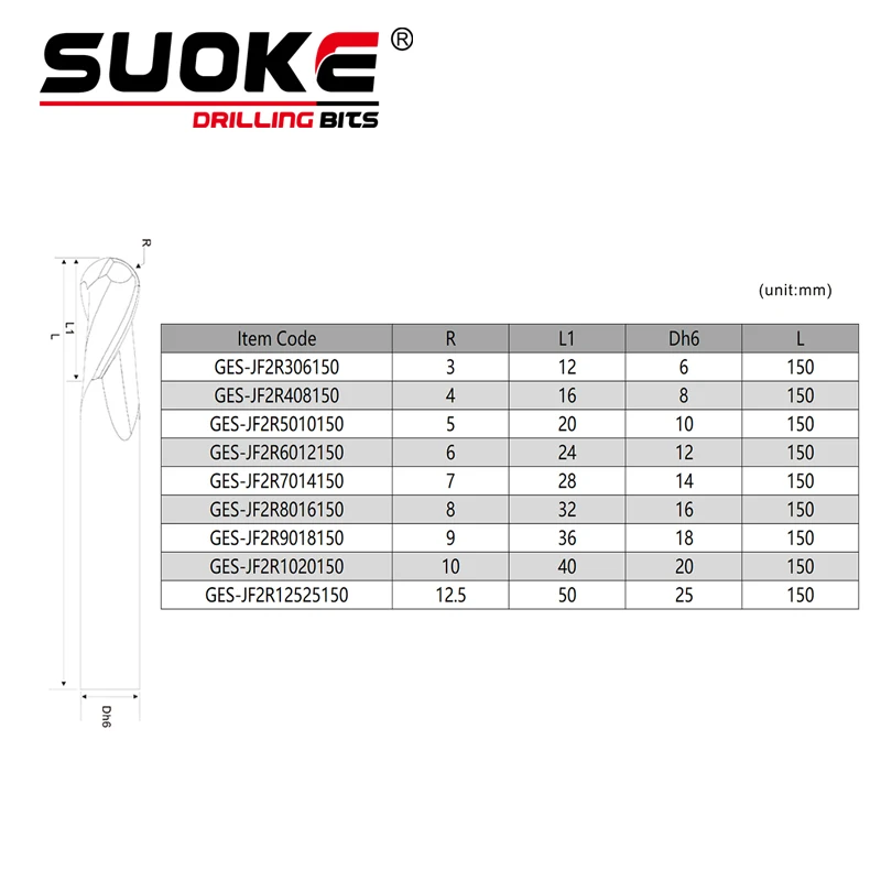 

SUOKE 2f Solid Carbide Ball Bose End Mill d8x60mm Hardened Alloy Milling Cutters CNC Cutting Tools