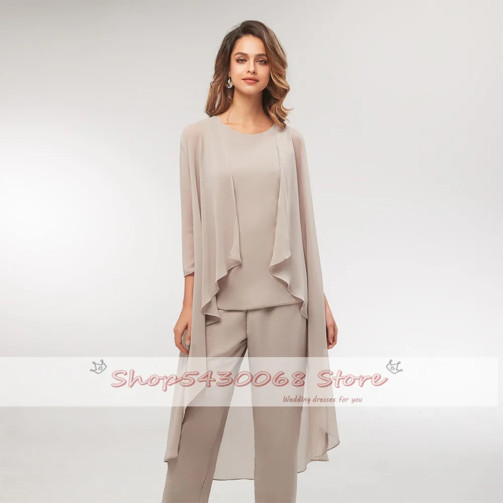 

Simple Women Chiffon Champagne Mother of the Bride Dress Pants Suit 3 Pieces with Jacket Outfit Three Quarter Sleeves