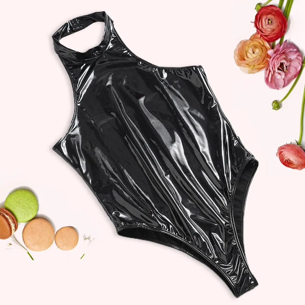 

Women Pu Leather Bodysuit Sexy Party Black Halter Sleeveless Skinny Bodysuits Clubwear Body Suit Femme Slim Plus Size Jumpsuits