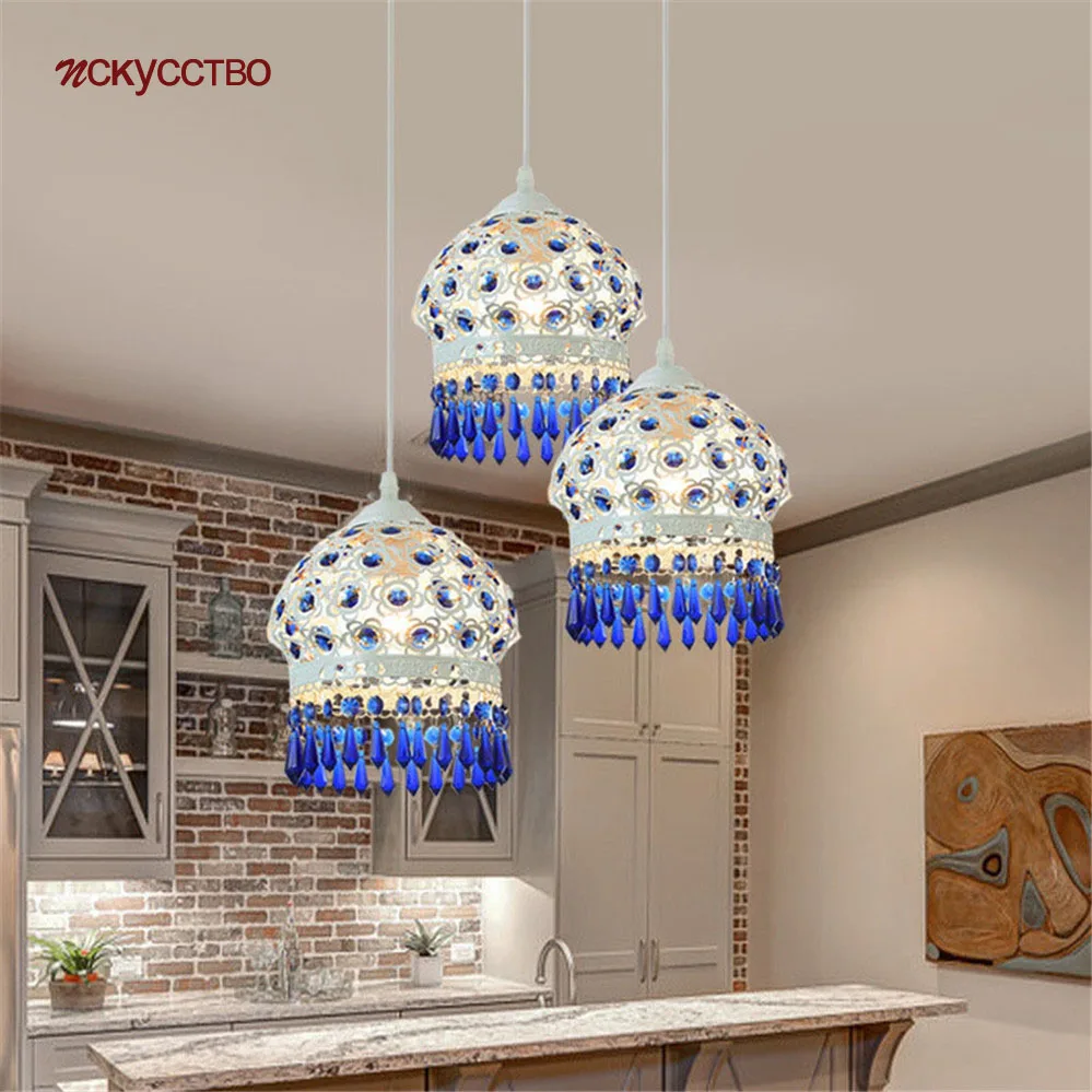 

Mediterranean Bohemia Style Inlaid Blue Crystal Pendant Lights For Dining Room Bedroom Home Deco Hanging Lamp Suspension Luster