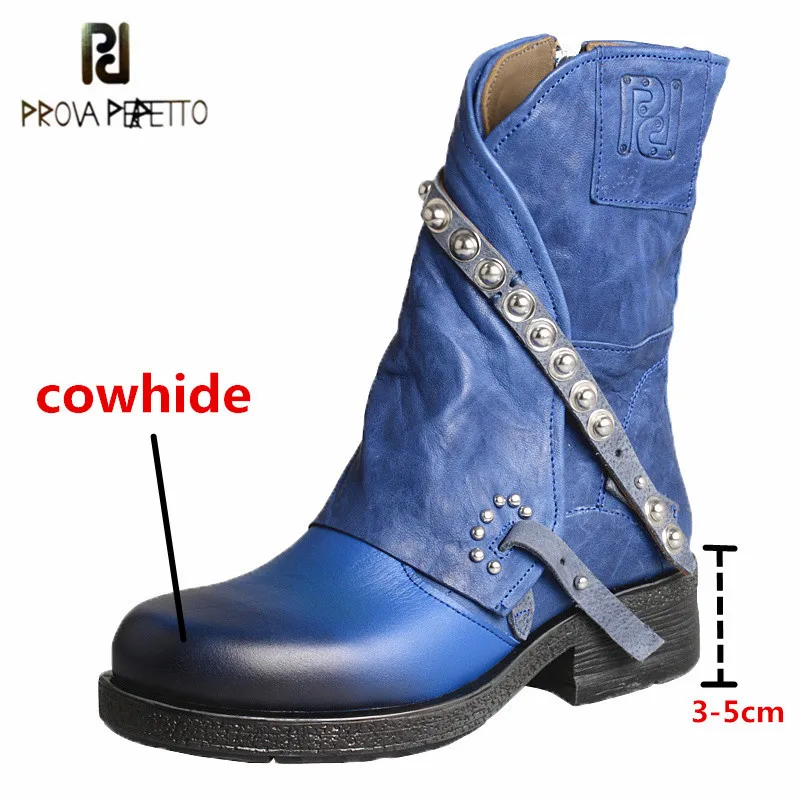 

Prova Perfetto Genuine Leather Rivet Women's Mid-calf Boots Leisure Mixed Colors Buckle Strap Square Toe Zipper-Sid Lady Boots
