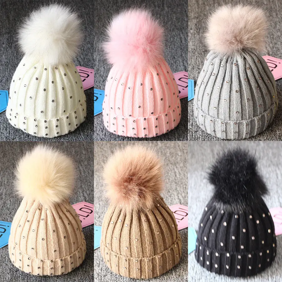 

1PC Toddler Kid Girl Boy Baby Infant Winter Warm Crochet Knit Hat Bobble Beanie Cap Knitting Point Drill Hat With Pom Pom Beanie
