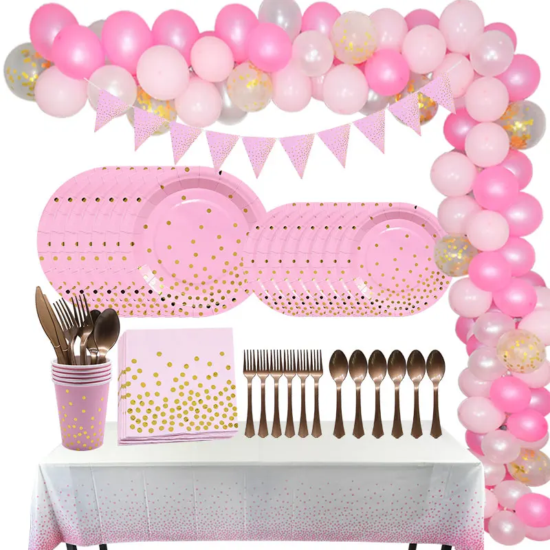 Набор одноразовой посуды в розовый горошек для вечеринки свадьбы дня