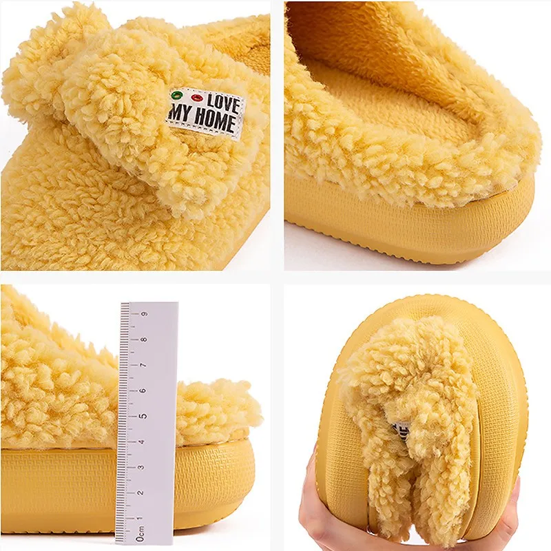 

Women Fur Slippers Winter Warm Shoes High Heel Creepers Thick Sole Men Ladies Couple Home Indoor Bedroom Comfortable Footwear