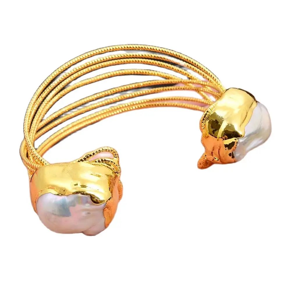 

GG Jewelry Cultured White Keshi Pearl Bangle 24 K Gold Plated Bracelet