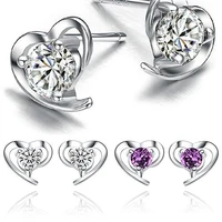 fashion womens love heart cubic zirconia 925 sterling silver ear studs earrings