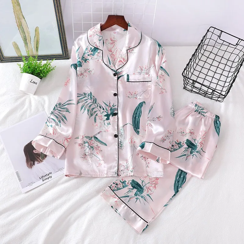 

NightwearSatin Pajamas Suit Women Sleepwear Intimate Lingerie Plus Size Home Clothing Sleep Set Long Sleeve Pyjamas Nightgown