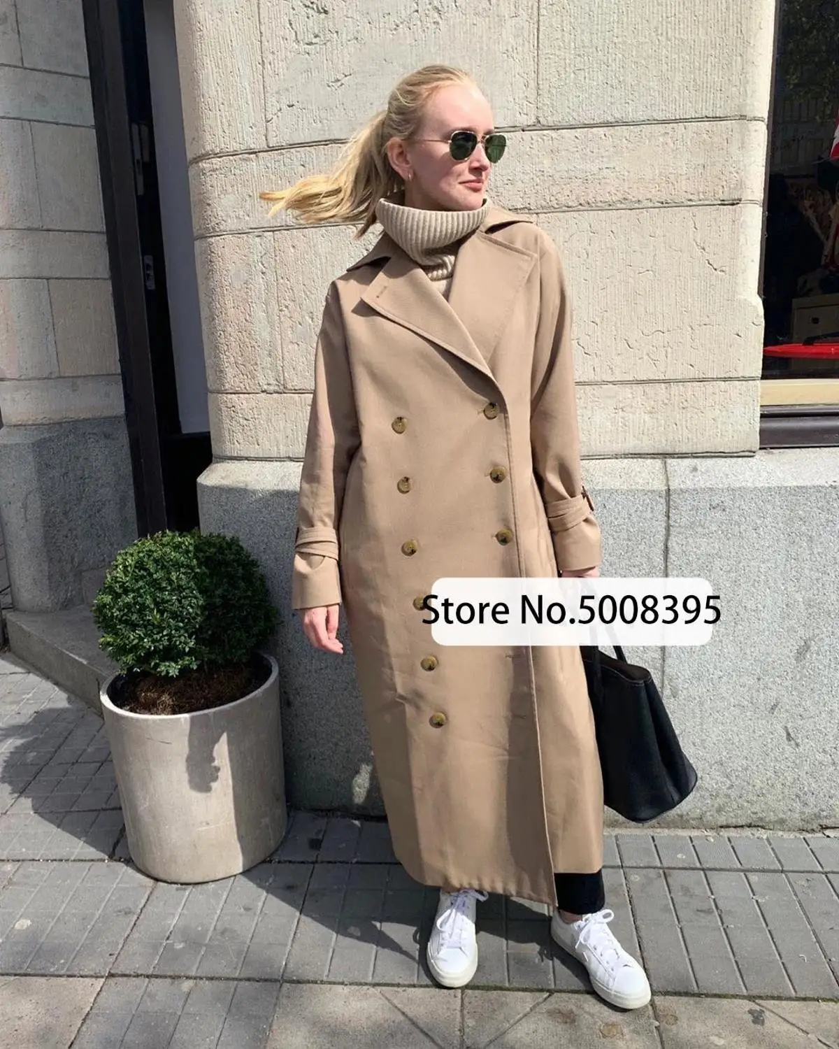 Fashion Woman Pisa Trench COAT BLACK/khaki Double Breasted cotton blend Drop Shoulder belted cuffs Oversized Long coats | Женская одежда