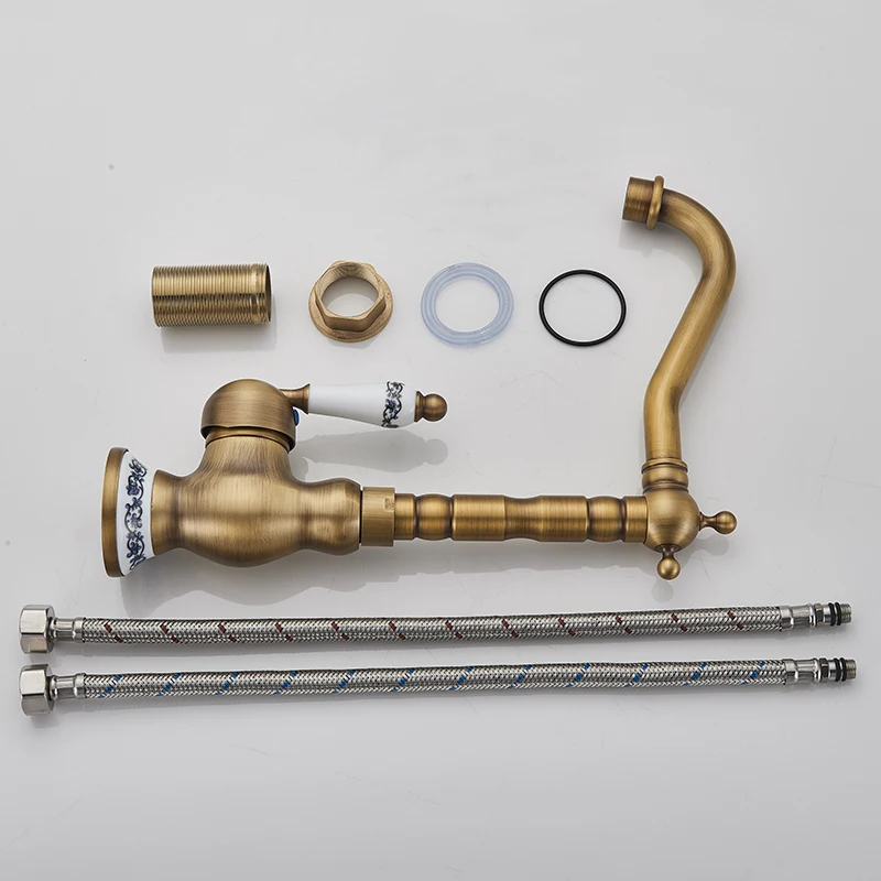 

Bath Kitchen Sink Faucets Antique Brass Single Handle Kitchen Basin Faucets Deck Mounted Hot&Cold Water Mixer Basin sink Taps