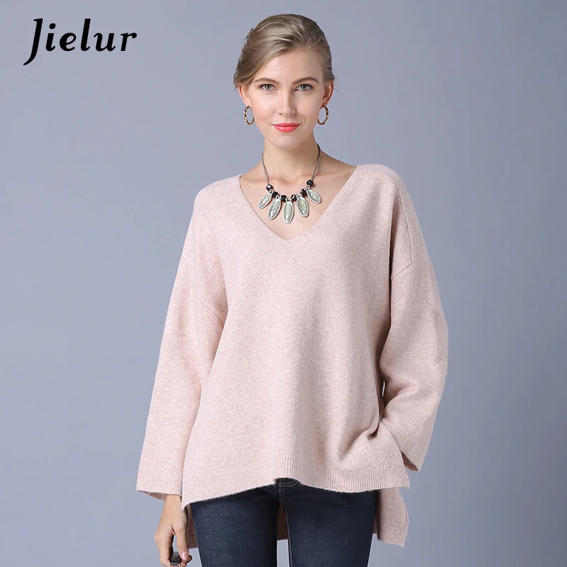 Jielur Europe Solid Color Women's Sweater Loose Split Knitted Pullovers Batwing Sleeve V-neck Simple Tops Jersey Mujer Invierno | Женская