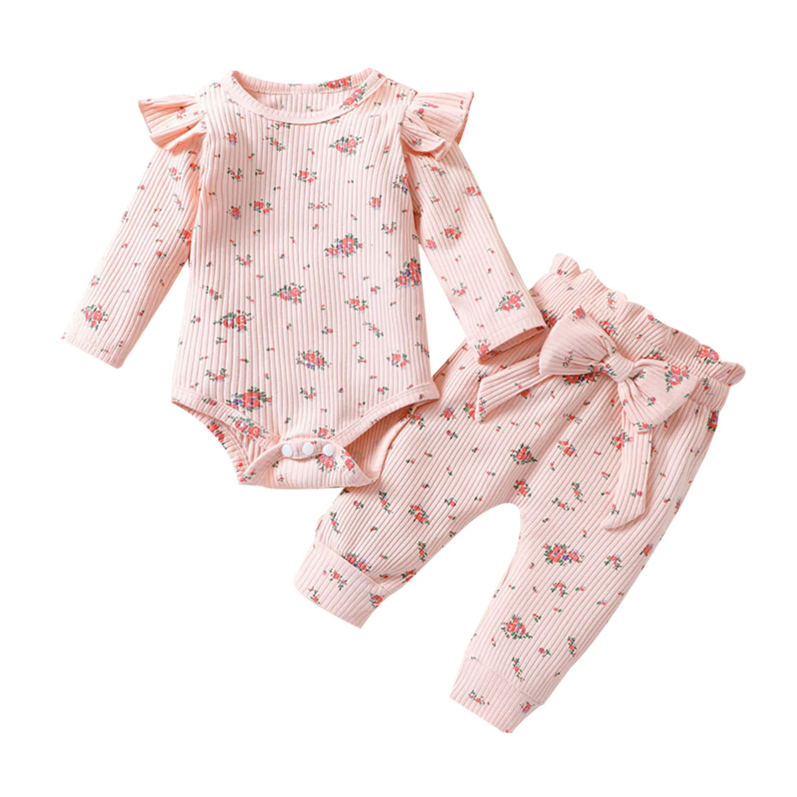 

Newborn Baby Girl Clothes Knitted Cotton Floral Printed Pattern Long Sleeve Romper Elastic Waist Pants Casual Clothing For Girls