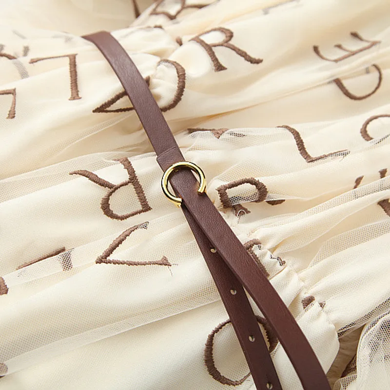 

Elegant Puff Sleeve Summer Designers Women Letters Embroidery Mesh Dress Party Mini Robe Femme Sexy Princess Vestidos