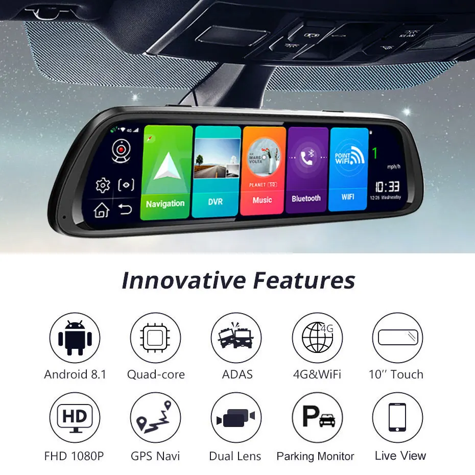 Olysine 10 "Android 8 1 Автомобильный видеорегистратор 4G WIFI GPS навигатор камера поток