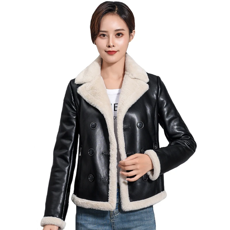 

Autumn Winter Leather Fur Jacket Women Warm Thick Plus Velvet Fur Suede Coat Women Short Motorcyle Biker Jacket
