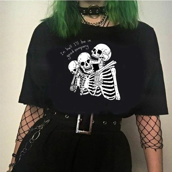 HAHAYULE-JBH в ад я буду хорошая компания три Скелет Графический Футболка Harajuku