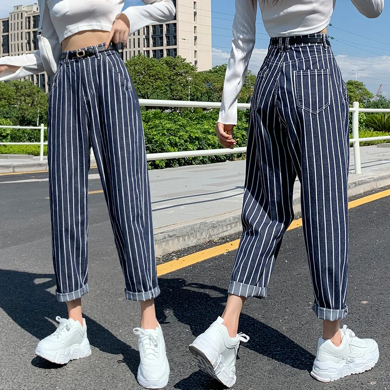 Винтажные полосатые женские джинсы шаровары прямые джинсовые брюки с высокой