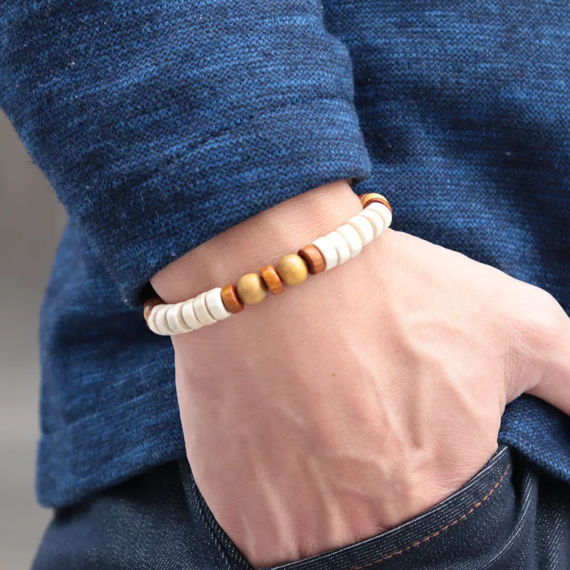 Мужской деревянный браслет ручной работы античный в стиле бохо с бисером мужской