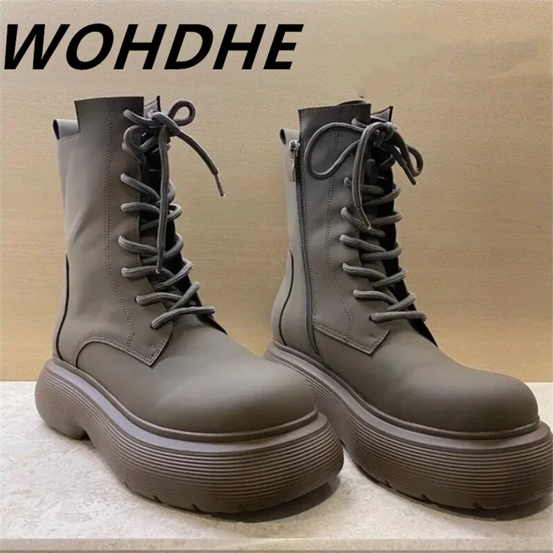 

WOHDHE Women Martin Boots Zipper Boot Round Toe PU Leather Mid-calf Concise Solid New Flat with Lace-up Girl Cool Booties Relax