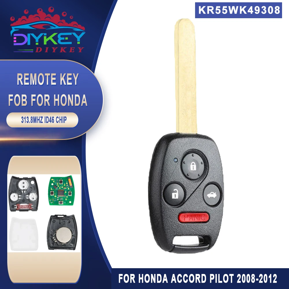

Ключ дистанционного управления DIYKEY FCC:KR55WK49308, брелок дистанционного управления 313,8 МГц, чип ID46 для 2008 2009 2010 2011 Honda Accord Pilot