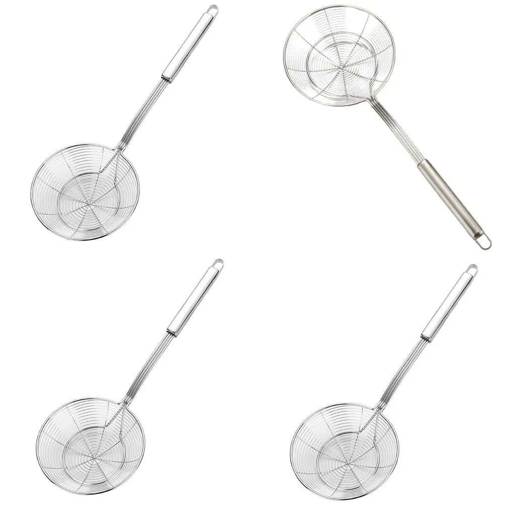 

New Round Stainless Steel Frying Food Colander With Long Handle Oil Strainer Net Mesh Ladle Filter Grid Scoop Kitchen Home Care