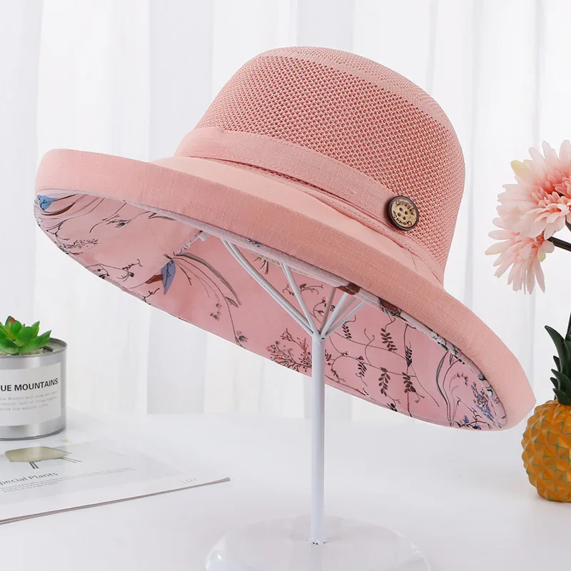 

Lady Summer Beach Wide Brim Fisherman Hat Women Fashion Sun Cap Cotton Button Breathable Bucket Hat
