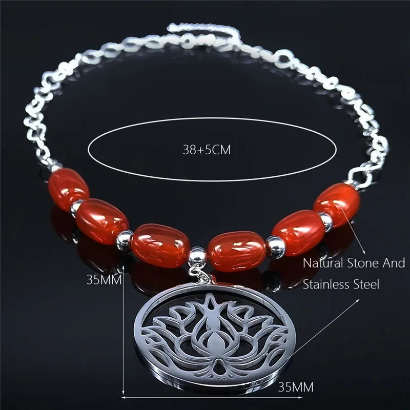 

2021 Yoga Lotus Stainless Steel Red Natural Stone Necklaces Women Silver Color Chocker Necklace Jewelry bijoux femme NXS04