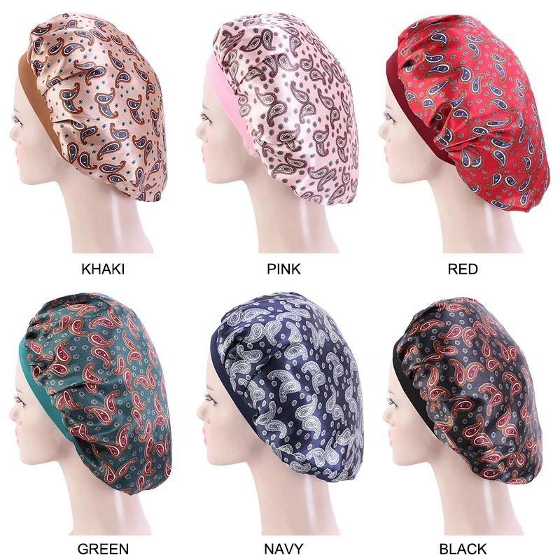 

Helisopus New Pattern Silky Bonnet Cap Satin Elastic Wide Band Night Sleep Hat Ladies Turban Hair Loss Cover Accessories