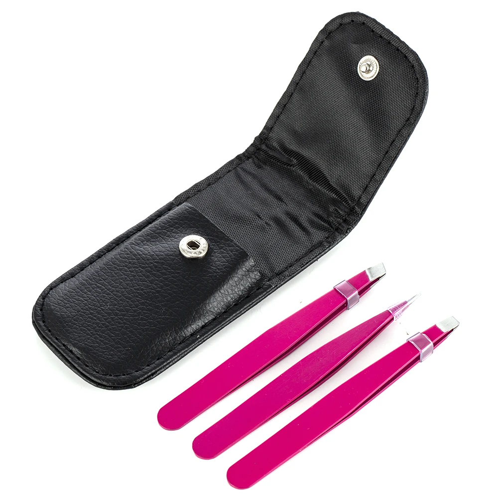 

3 PCS/Set Eyebrow Tweezers Stainless Steel Point Tip/Slant Tip/Flat Tip Hair Removal Makeup Tools Accessory with Black Bag Case
