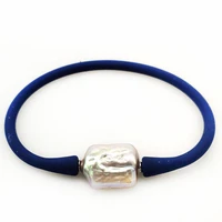 10 16mm one aa natural baroque pearl dark blue elastic rubber silicone bracelet