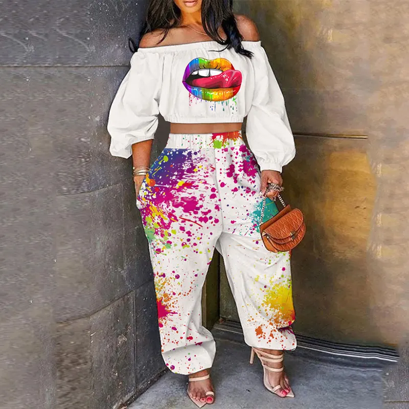 

Spring Summer Ladies Two Piece Outfits 2021 Homewear Off Shoulder Lip Print Lantern Sleeve Crop Top & Ink Splash Print Pants Set