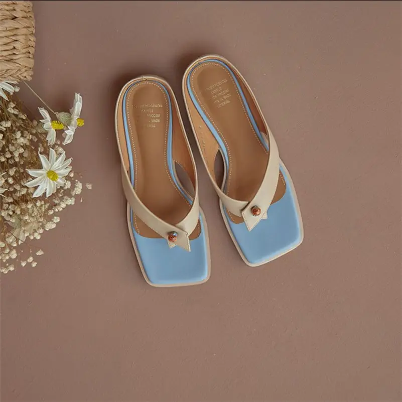 

Meotina Slippers Shoes Women Genuine Leather Sandals Flip Flop Flat Slides Square Toe Sheep Skin Ladies Footwear Summer Apricot