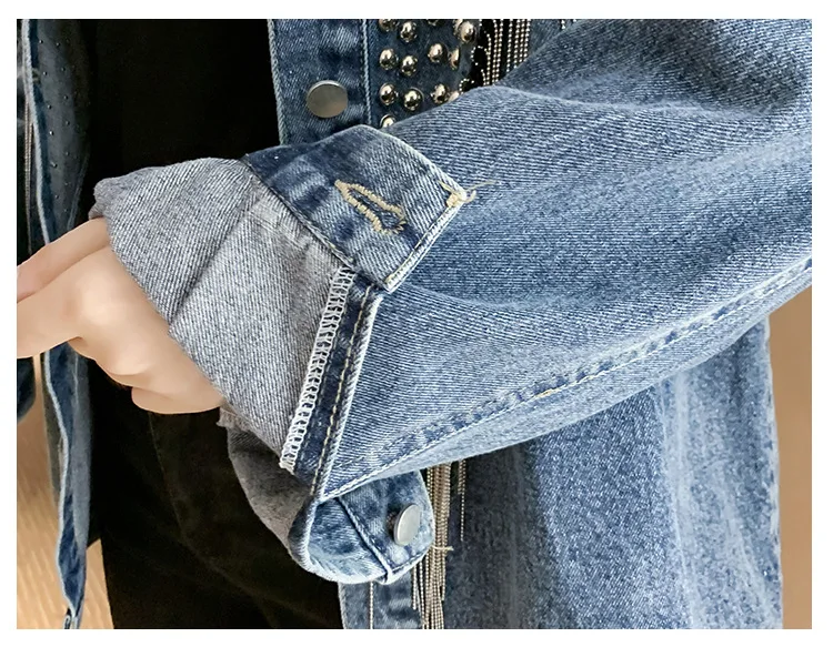Chaquetas Mujer, осень, уличная одежда, джинсовая куртка для женщин, ручная работа, заклепки, кисточка, цепь, короткая джинсовая куртка, свободные черные пальто