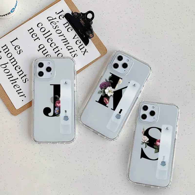 

ins Alphabet Letter Flower Phone Case Wrist Strap For iPhone 7 8 11 12 X XS XR MINI Pro Max Plus Hand Band Transparent Clear