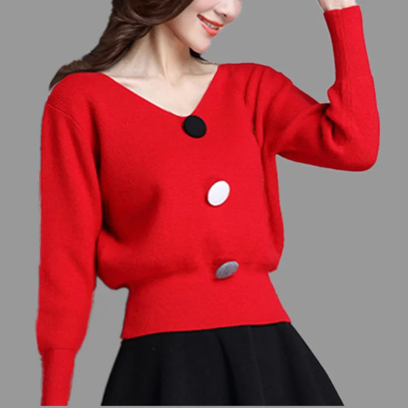 

Autumn For Women Button Slim Knit Bottoming Shirt Casual Loose Ladies Jumper Spring Top Pullover Solid Color High Waist Sweater