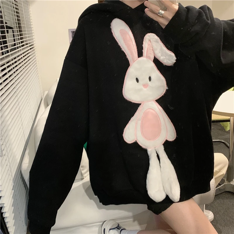 

Women'S Hoodie Kpop Fashion Hooded Long-Sleeved Top Candy Color Kawaii Rabbit Embroidery Sweatshirt Fun Rabbit Ear Hat Jacket