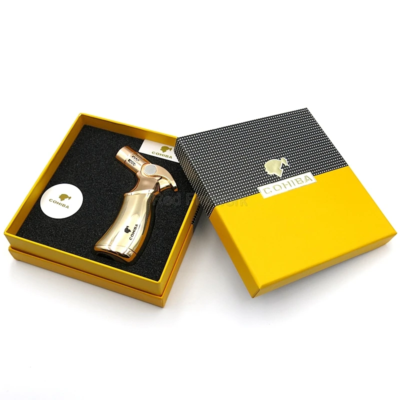 COHIBA высококачественная металлическая зажигалка для сигар, ветрозащитный фонарь с 4 пламенями, зажигалки для сигарет, огнеупорная зажигалка с подарочной коробкой