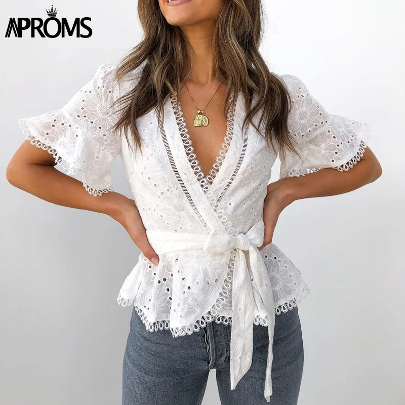 Aproms шикарная кружевная блузка с вышивкой Женская Летняя Сексуальная Блузка