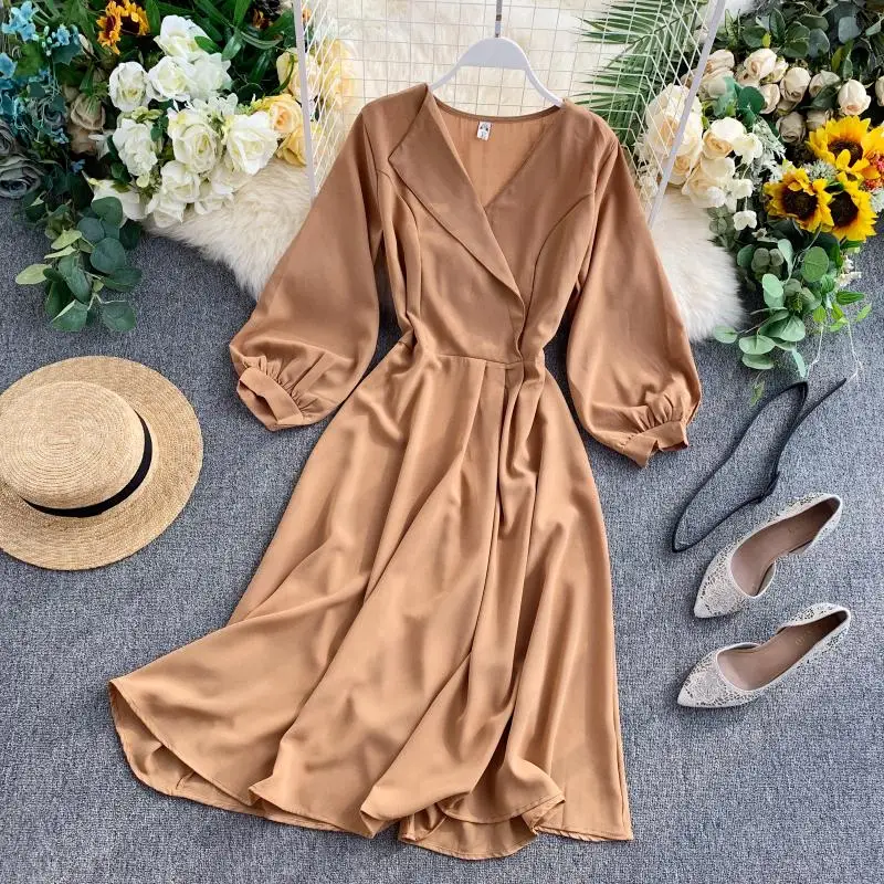 2019 Новая мода Женское французское платье темперамент v образным вырезом пышные