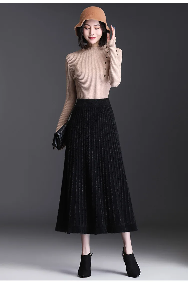 

Winter New Women High Waist Black Long Knitted Skirt Thick Elegant Plus Size Big Swing Pleated Skirts Female Maxi Skirt 3116