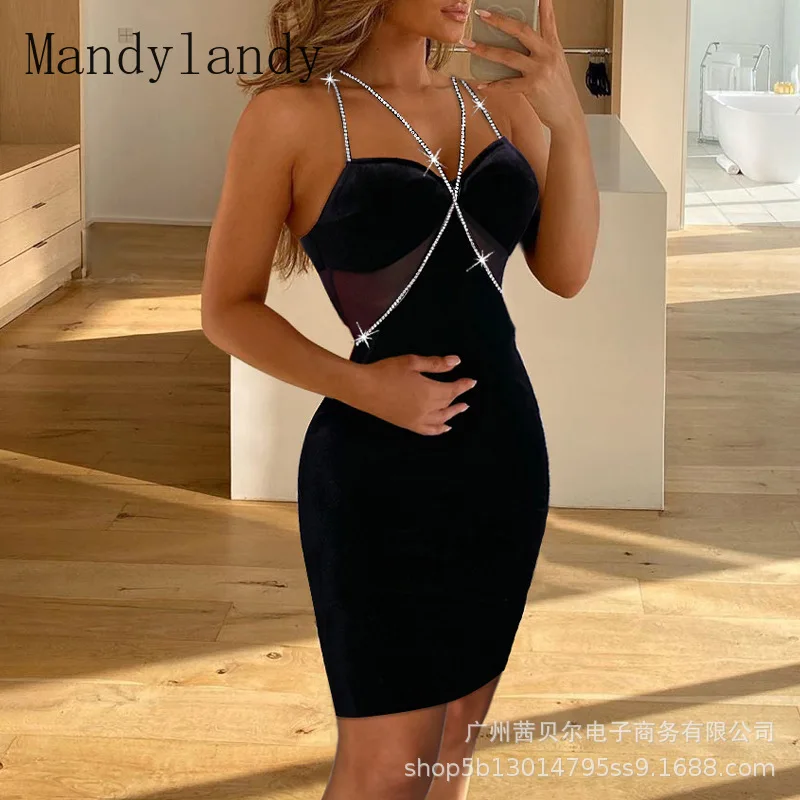 

Летнее платье Mandylandy с заклепками, прозрачное тонкое платье без бретелек, женское сексуальное кружевное Сетчатое лоскутное платье