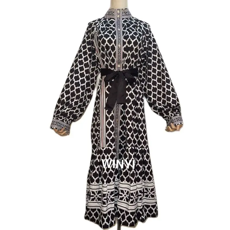 

2021 Fall & Spring Newest Fashion Runway Women Long Sleeve Flower Printed 3D Butterfly Embroidery Long Dress Vestidos WINYI