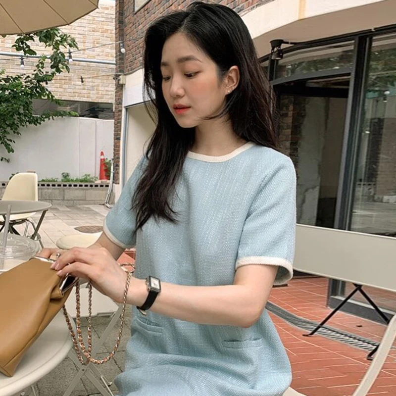 

Korejpaa Women Dress 2021 Summer Korean Fashion Chic Temperament O Neck Edge Contrast Loose Joker Double Pocket Tweed Vestidos