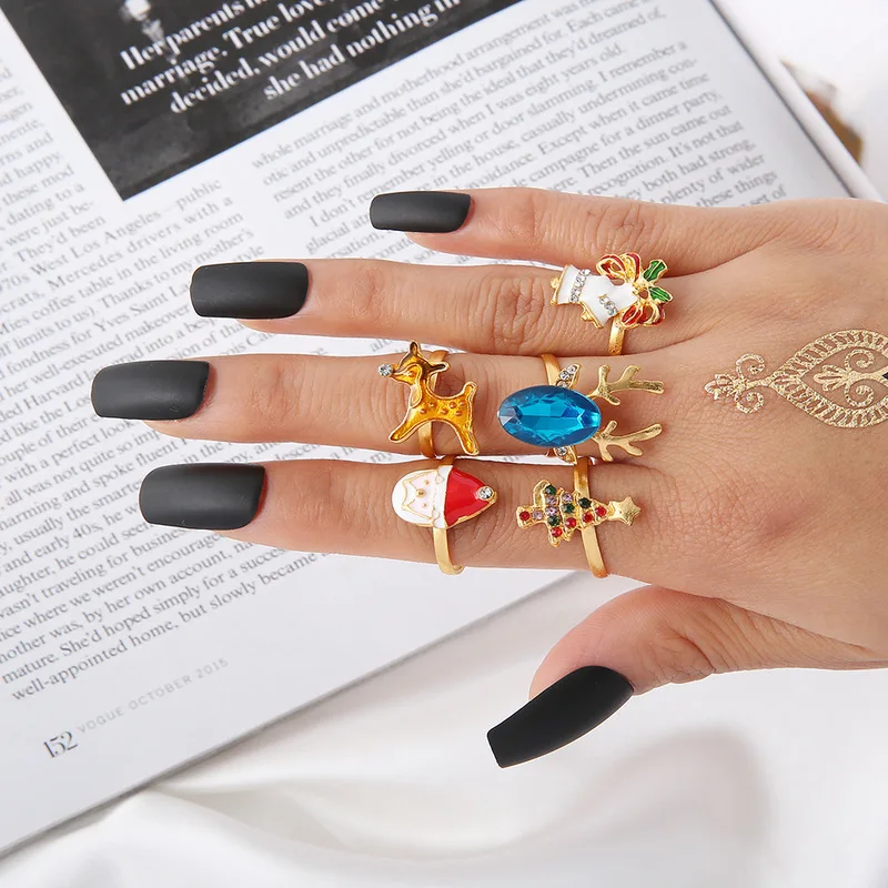 

Boho Vintage Crown Water Drop Star Ring Set Women Geometric Crystal Flower Fashion Charm Finger Joint Ring Christmas Jewelry