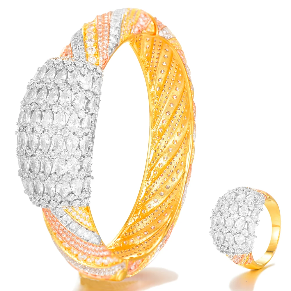 

SISCATHY Exquisite Luxury Big Wide Cubic Zirconia Bangle Bracelet/Ring For Women Luxury Wedding Female Jewelry Sets Accessories
