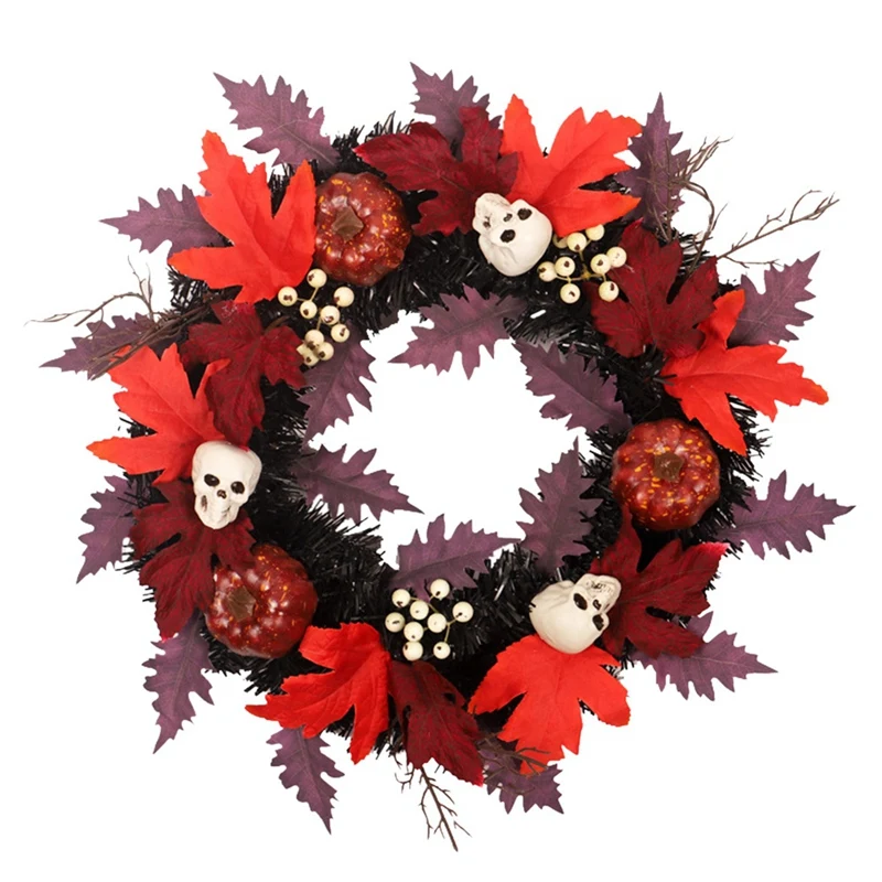 

Halloween Simulation Pumpkin Skull Wreath Black With Lights Pvc Maple Leaf Wreath Door Hanging Halloween Wreath